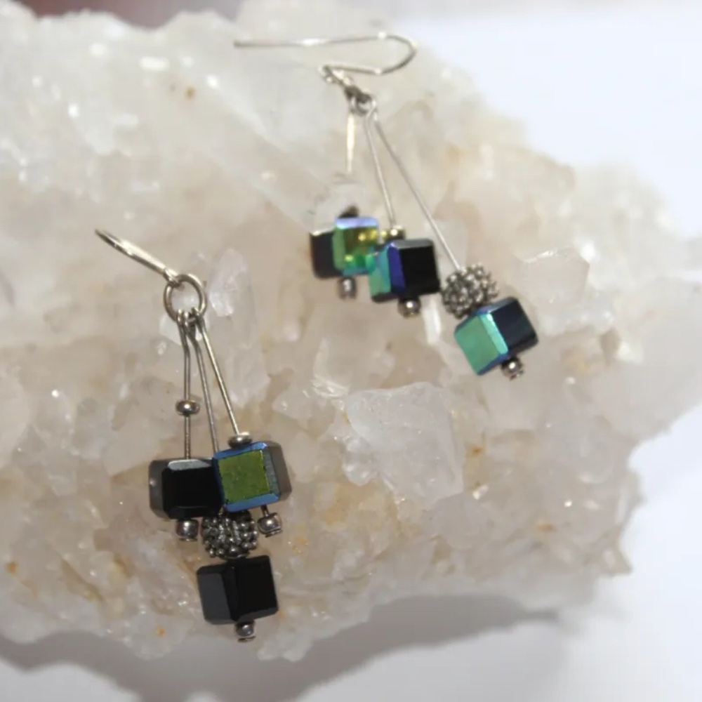 New 1-3/4 Inch Drop Earrings,  Cube Iridescent Beads on Silver Fish Hook Wires
